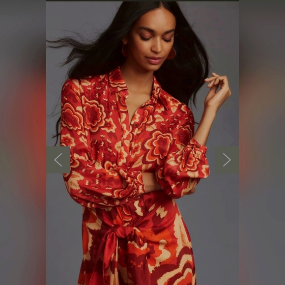 Farm Rio Long-Sleeve V-Neck Floral Midi Red Shirt Dress Size Large - Picture 2 of 7